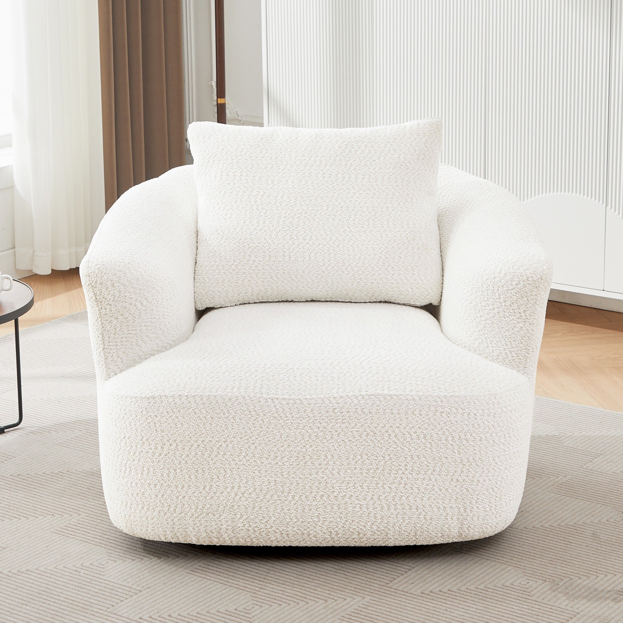 360° Swivel Chair, 38.2 Boucle Accent Chair with Throw Pillow, Upholstered Barrel Sofa Chair with Curved Armrests