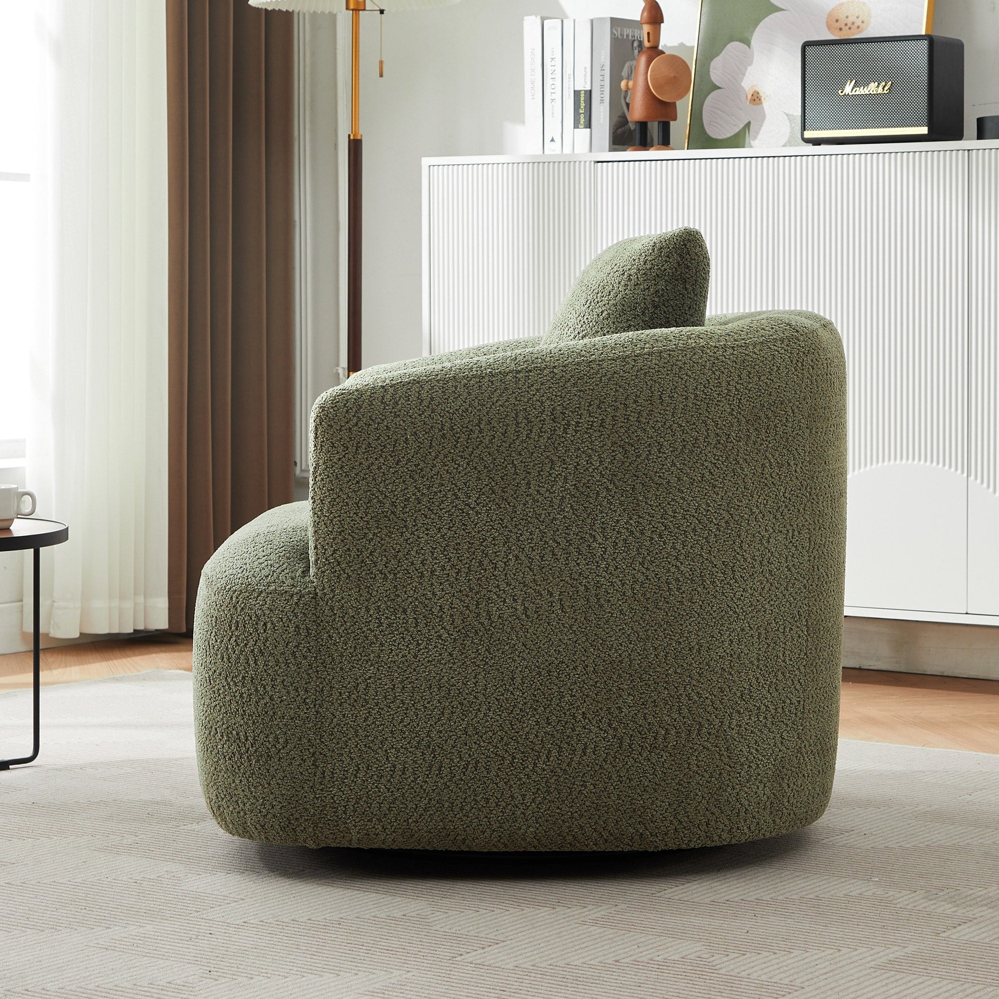 360° Swivel Chair, 38.2 Boucle Accent Chair with Throw Pillow, Upholstered Barrel Sofa Chair with Curved Armrests