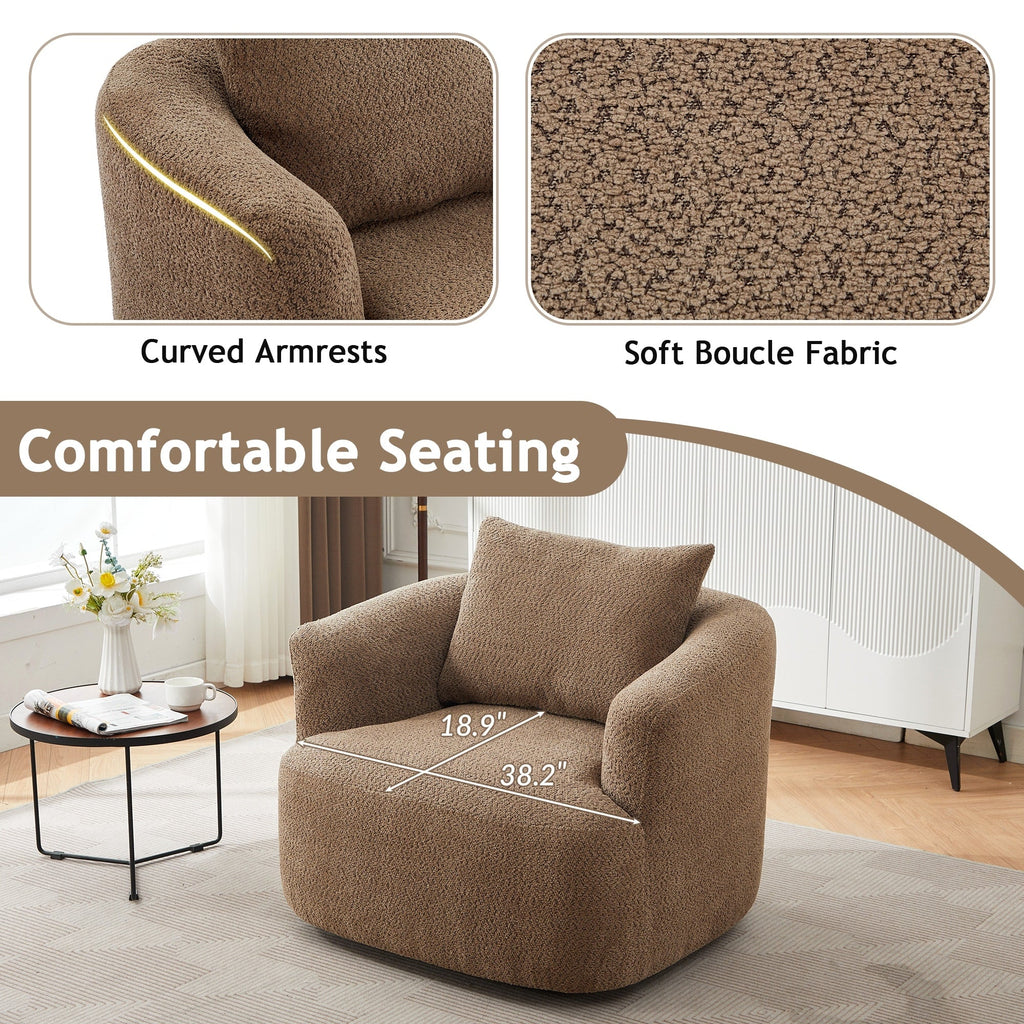360° Swivel Chair, 38.2 Boucle Accent Chair with Throw Pillow, Upholstered Barrel Sofa Chair with Curved Armrests