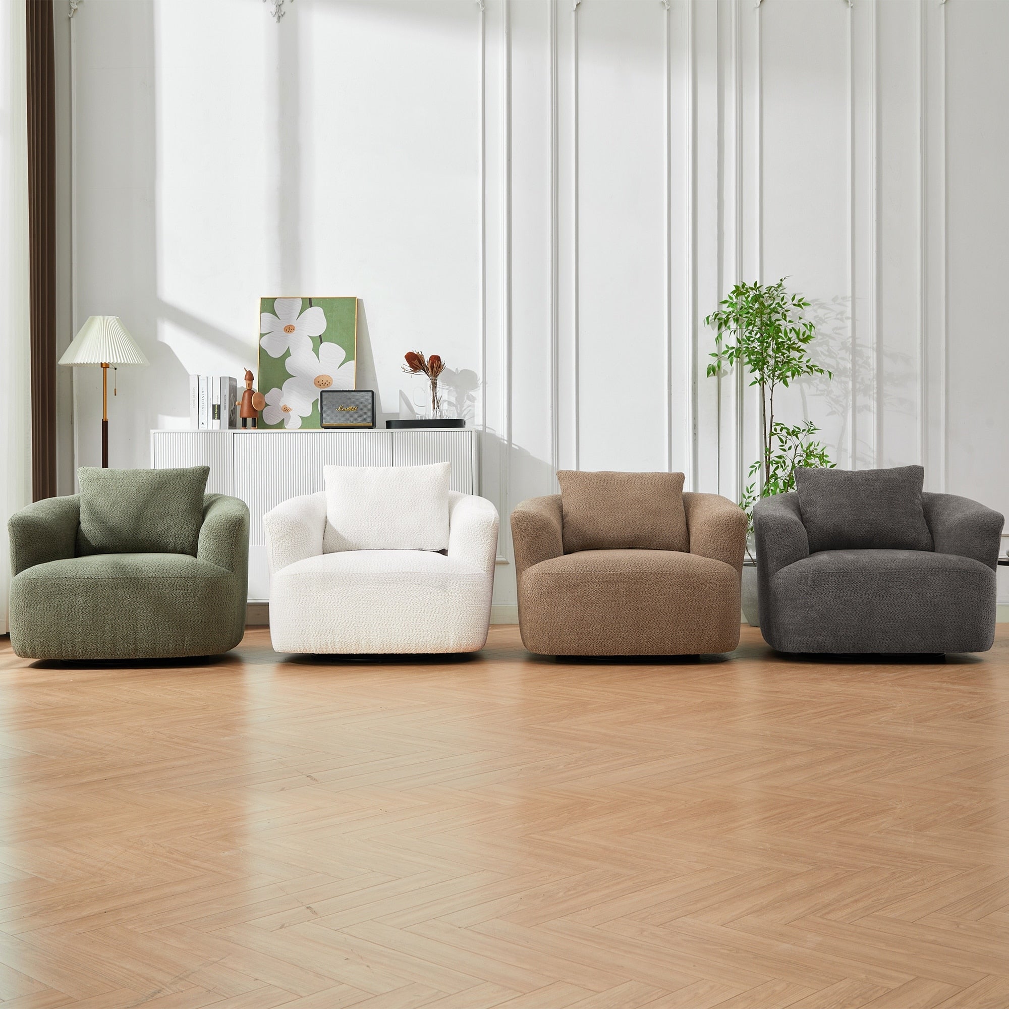 360° Swivel Chair, 38.2 Boucle Accent Chair with Throw Pillow, Upholstered Barrel Sofa Chair with Curved Armrests