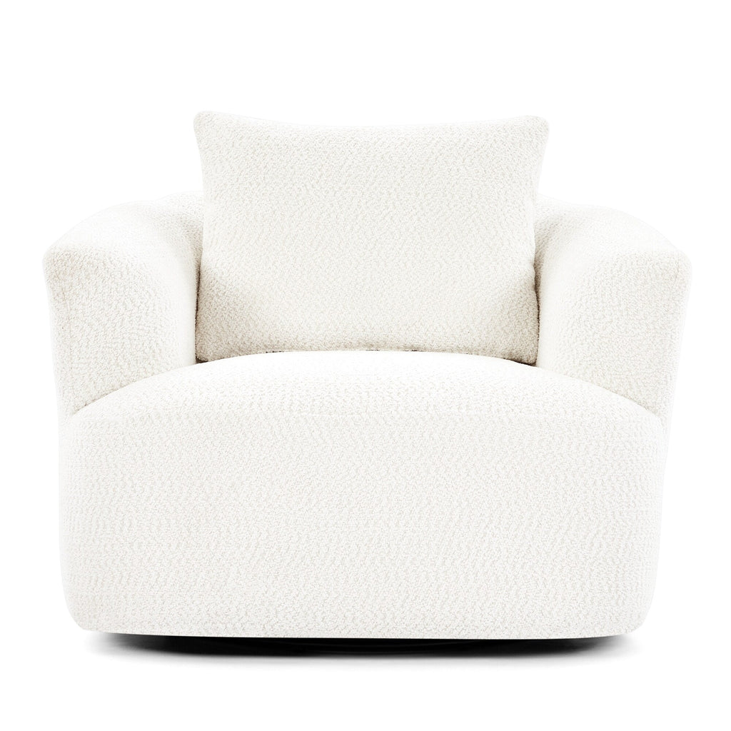 360° Swivel Chair, 38.2 Boucle Accent Chair with Throw Pillow, Upholstered Barrel Sofa Chair with Curved Armrests