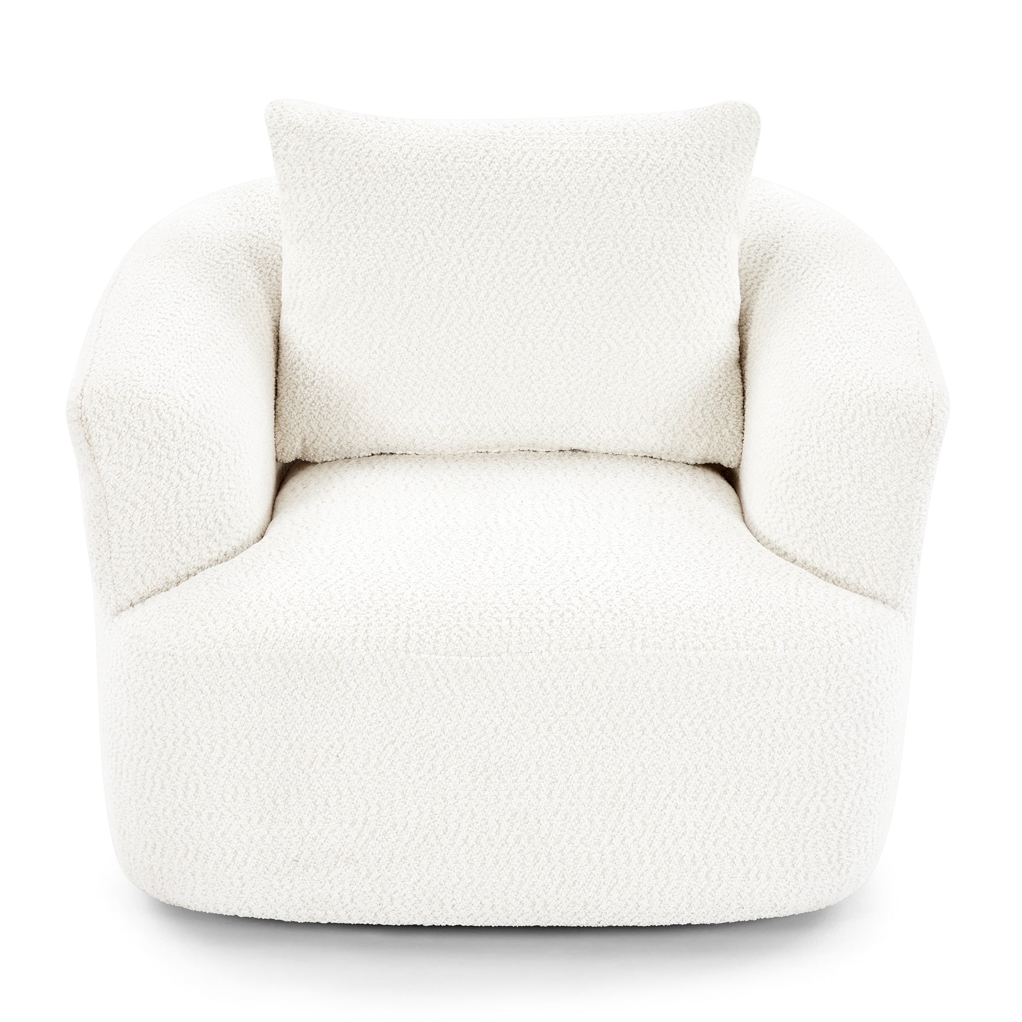 360° Swivel Chair, 38.2 Boucle Accent Chair with Throw Pillow, Upholstered Barrel Sofa Chair with Curved Armrests