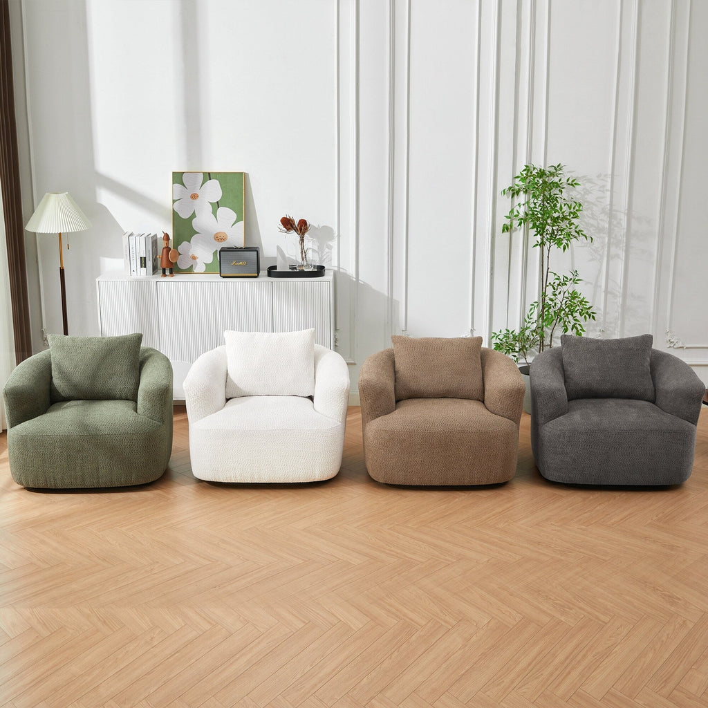 360° Swivel Chair, 38.2 Boucle Accent Chair with Throw Pillow, Upholstered Barrel Sofa Chair with Curved Armrests