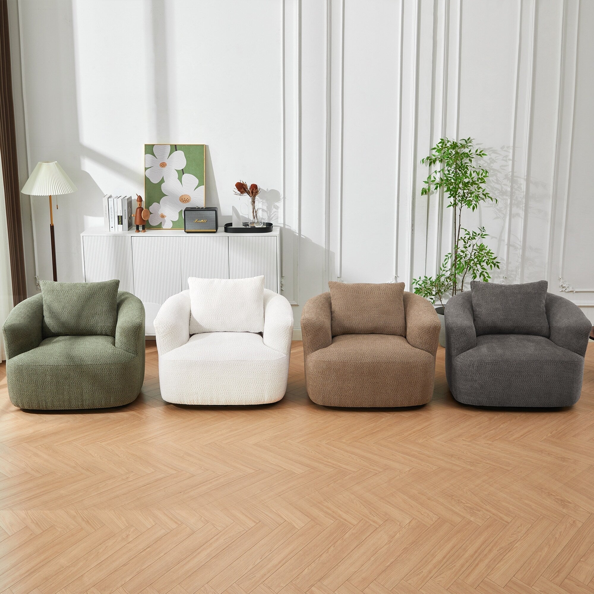 360° Swivel Chair, 38.2 Boucle Accent Chair with Throw Pillow, Upholstered Barrel Sofa Chair with Curved Armrests