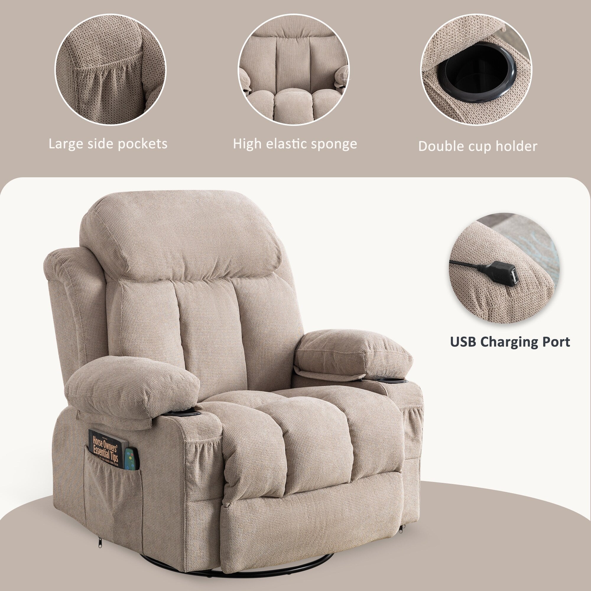 360° Swivel Recliner Chair with Massage, Heat, USB, and Cup Holders