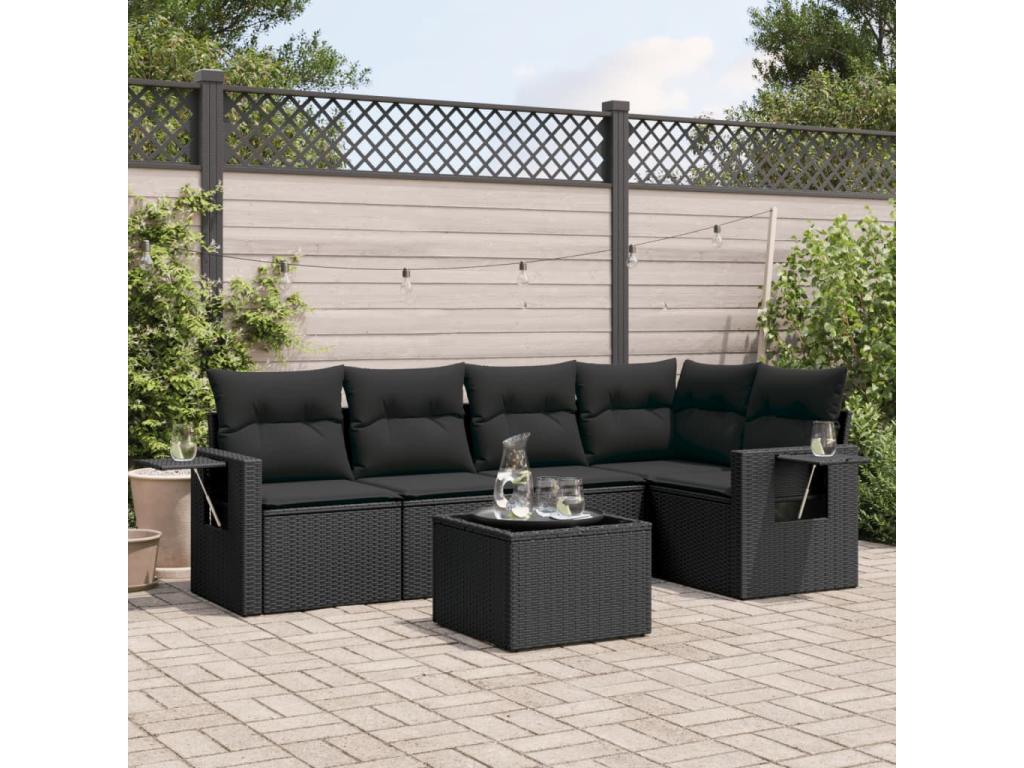 6-piece garden furniture set with cushions, black woven resin