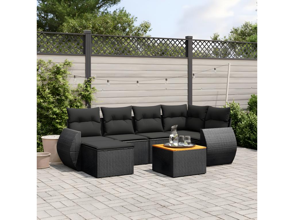 7-piece garden furniture set with cushions, black woven resin BFMZ31159