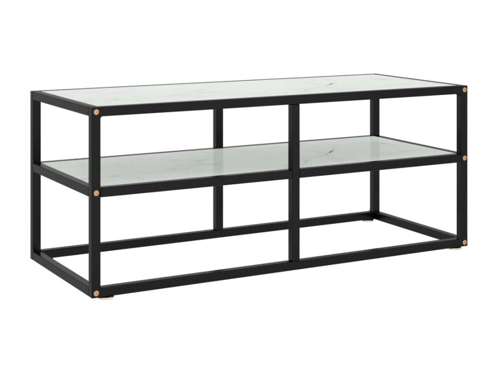 Black TV stand with white marble glass top, 100x40x40 cm