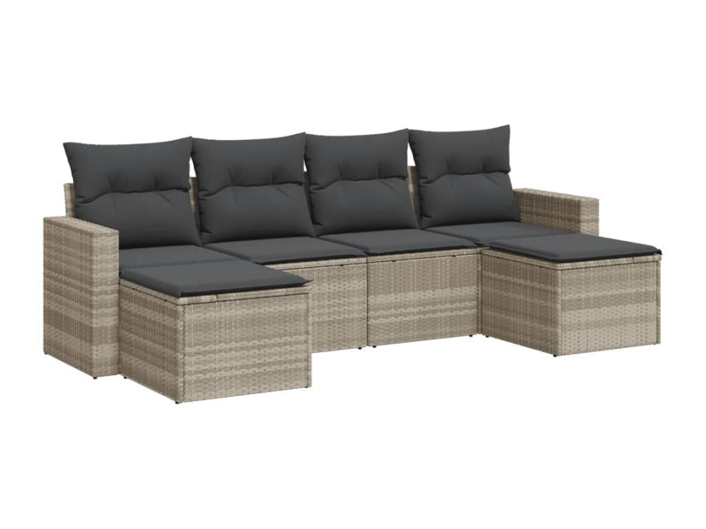 6-piece garden furniture set with light grey cushions, woven resin