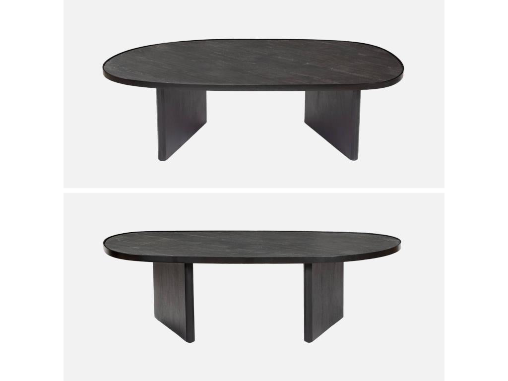 Oval coffee table in mango wood and black stone veneer - metal rim - W 119.5 x D 60 x H 35cm