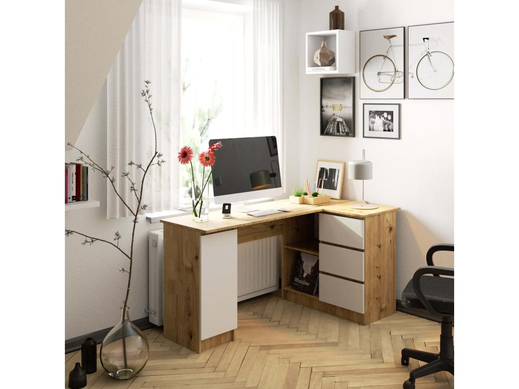 Large Meublori right-hand corner desk B20 Oak Meublori 155 cm 1 door 3 drawers with white fronts 4 shelves 155x85x77 cm