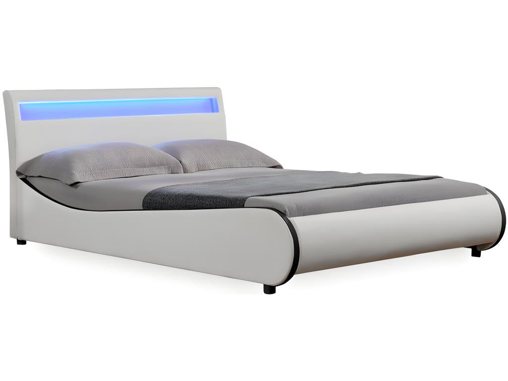 Meublori Double Bed Frame with LED Lighting, 140x200 cm, Faux Leather with Meublori White Slatted Base
