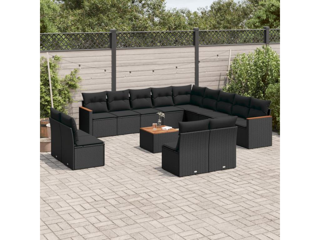Garden furniture set with cushions, 14 pieces, black woven resin, SYQF09601