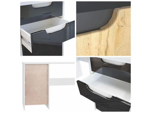 Desk with 2 Drawers and a Door, Matte White/High Gloss Black, 129x76x60 cm