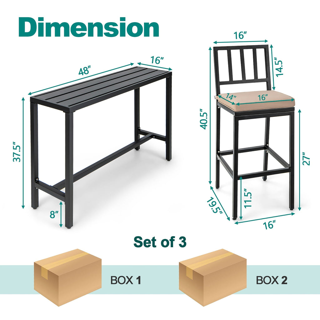 3PCS Patio Dining Table Set Metal Bar Table & Chairs Set with Cushion