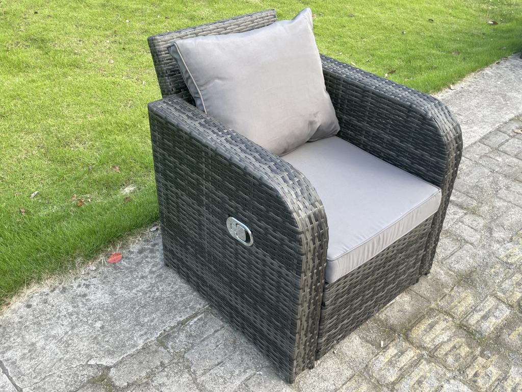 Rattan garden furniture set with height-adjustable dining table, reclining chairs, stools, and a love sofa. Dark grey furniture.