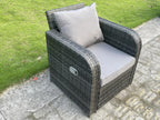 Rattan garden furniture set with height-adjustable dining table, reclining chairs, stools, and a love sofa. Dark grey furniture.