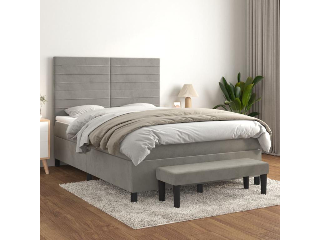 Upholstered bed base and mattress, light grey, 140x190cm, velvet, YKKV79685