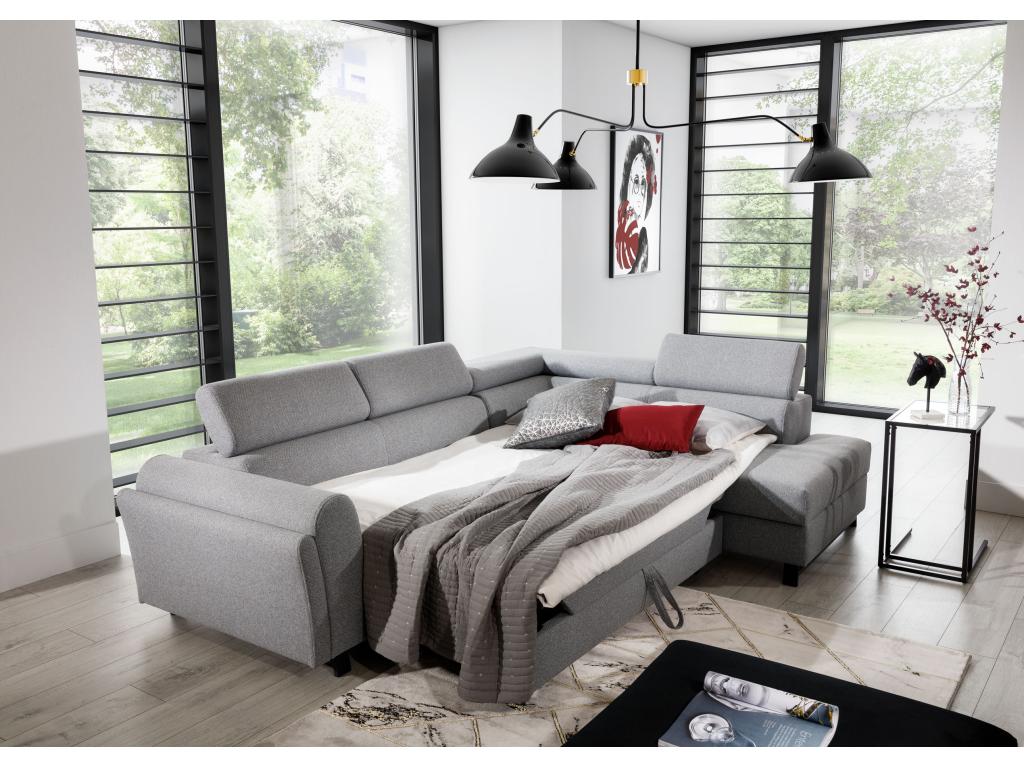 Right-hand corner convertible sofa in cream faux leather with adjustable headrests, Meublori 265cm