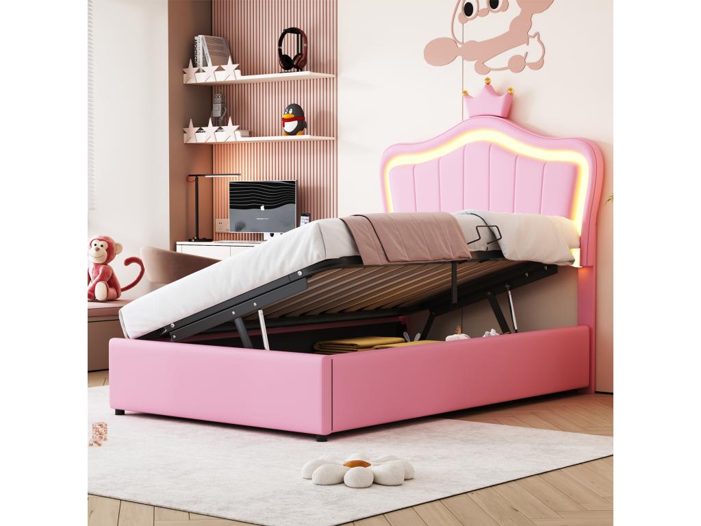 90x200 cm storage bed with adjustable headboard and LED lighting - faux leather - crown pattern - pink (mattress not included) TONP06222