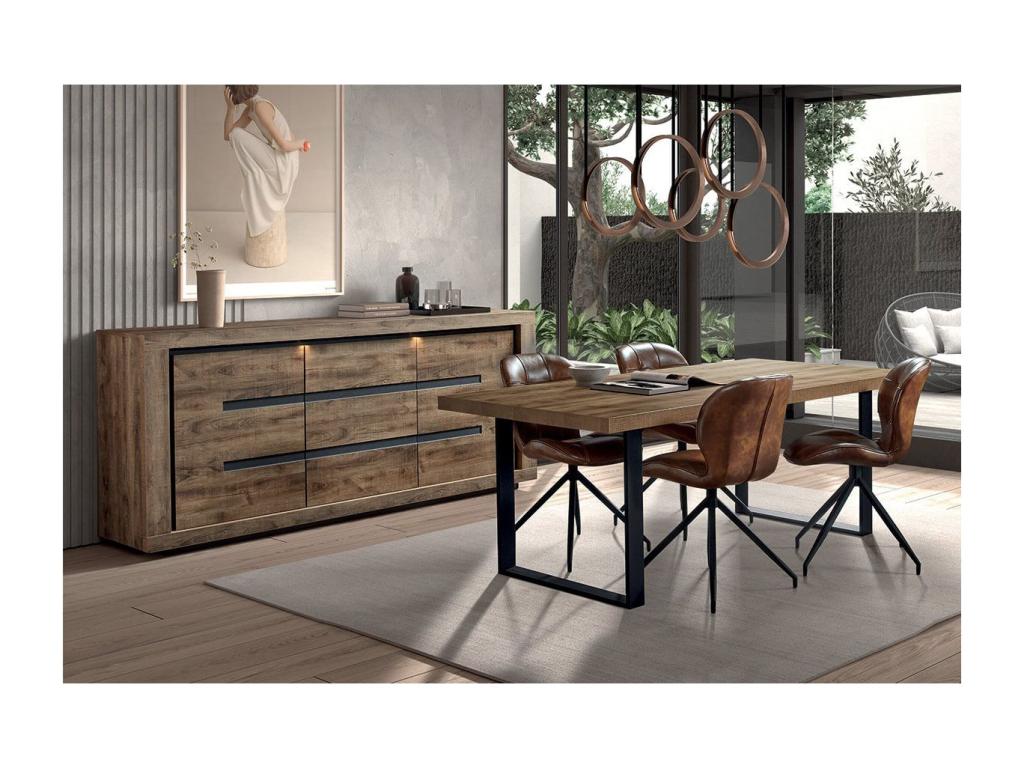 Meublori - 3-Door Buffet and 170cm Table Set, Wood Look, Meublori Finish, Black Metal U-Shaped Legs