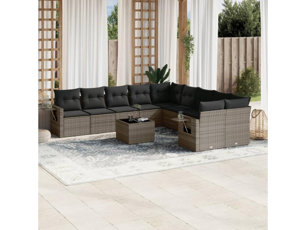 11-piece garden furniture set with grey resin wicker cushions