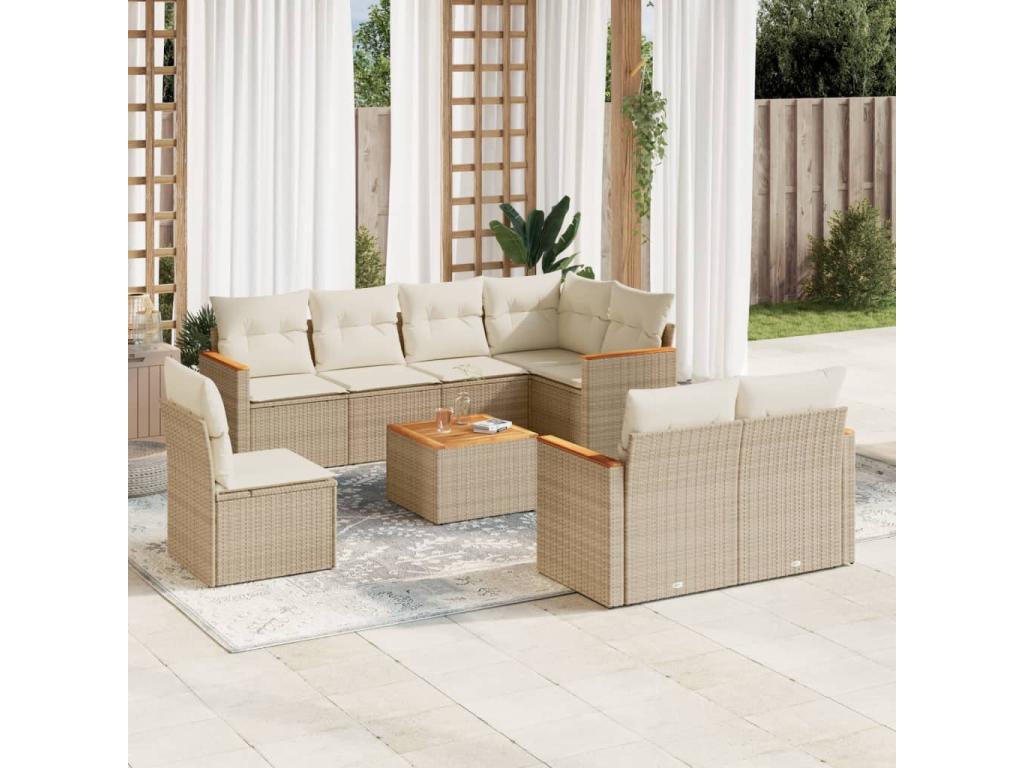 9-piece garden furniture set with cushions, beige woven resin