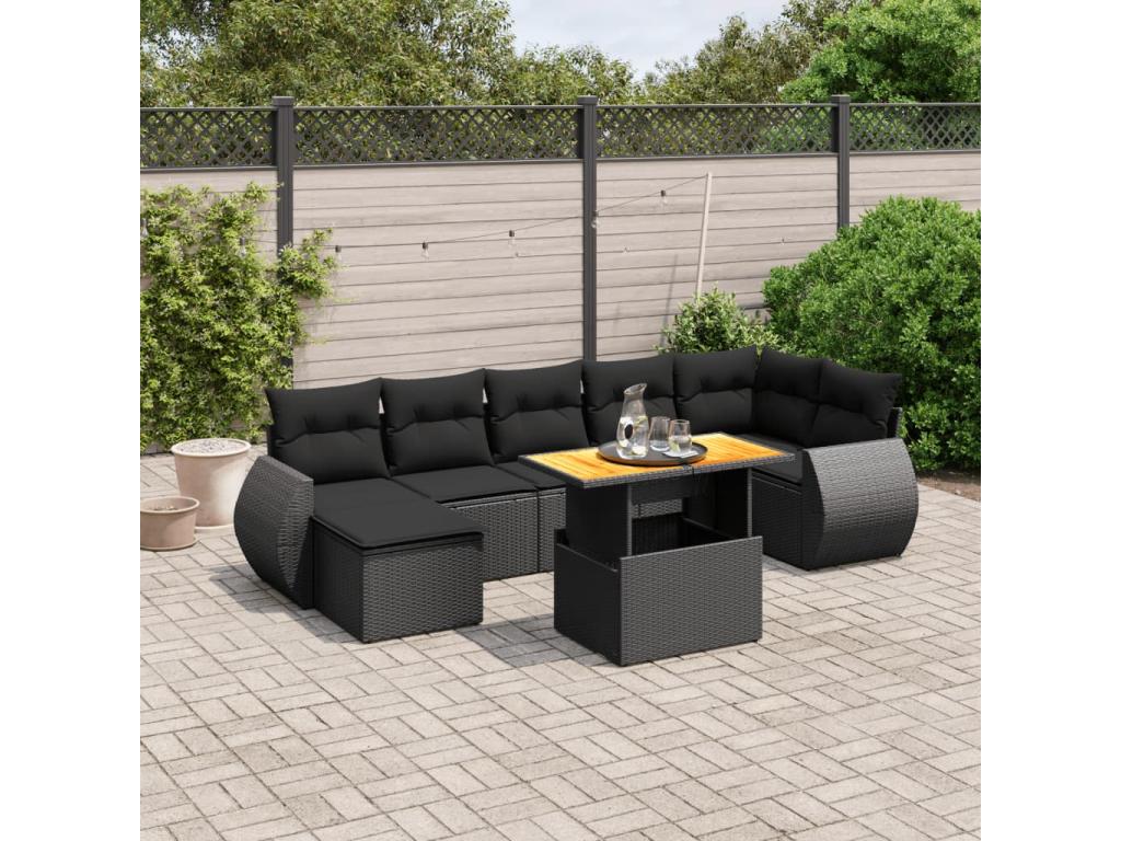 8-piece garden furniture set with cushions, black woven resin