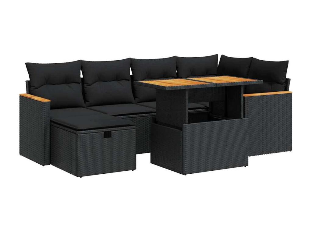 8-piece garden furniture set with cushions, black woven resin