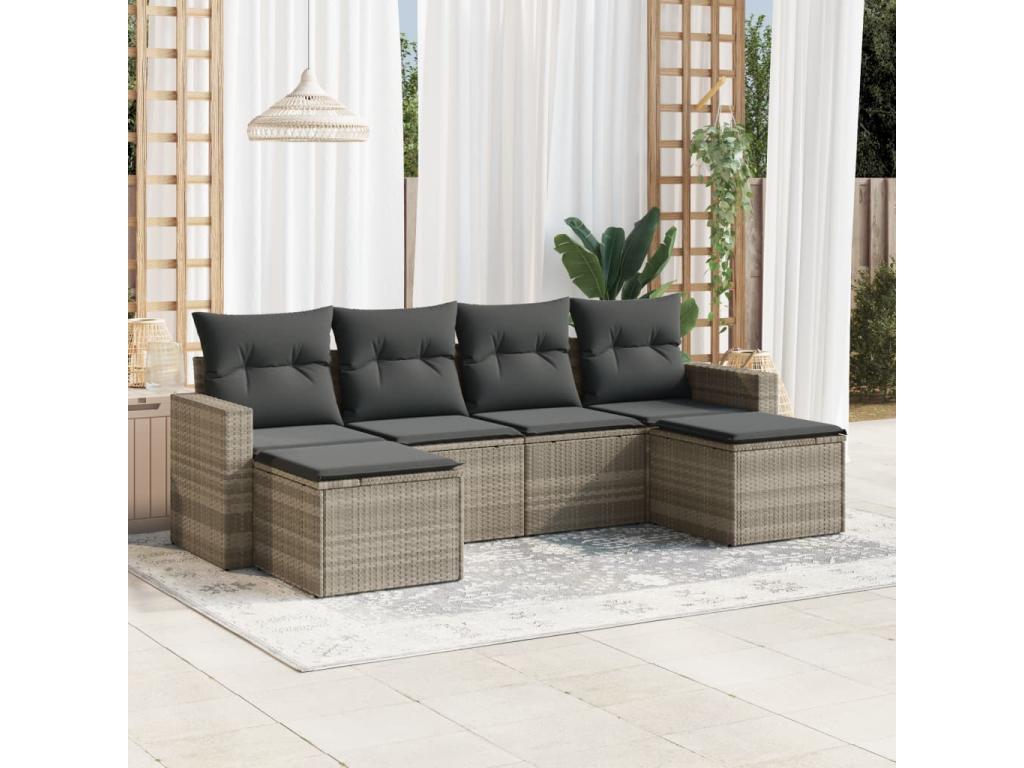 6-piece garden furniture set with light grey cushions, woven resin