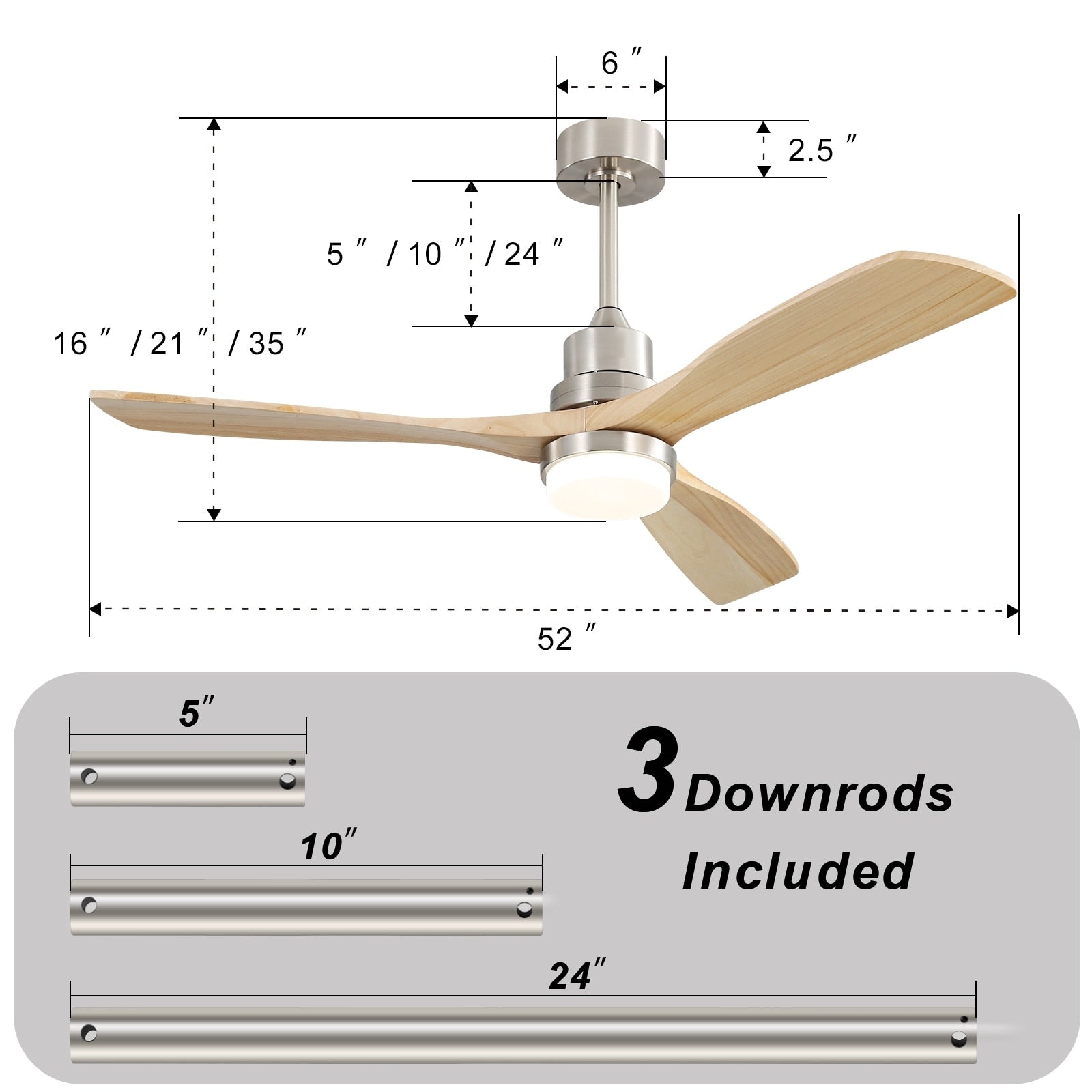 Sofucor 52 Indoor Wood Ceiling Fan Light with Remote, Integrated Light Optional