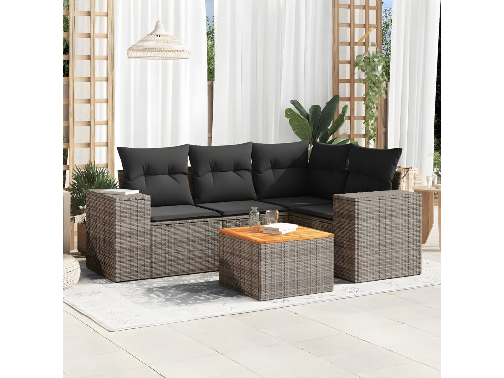 5-piece garden furniture set with grey resin wicker cushions