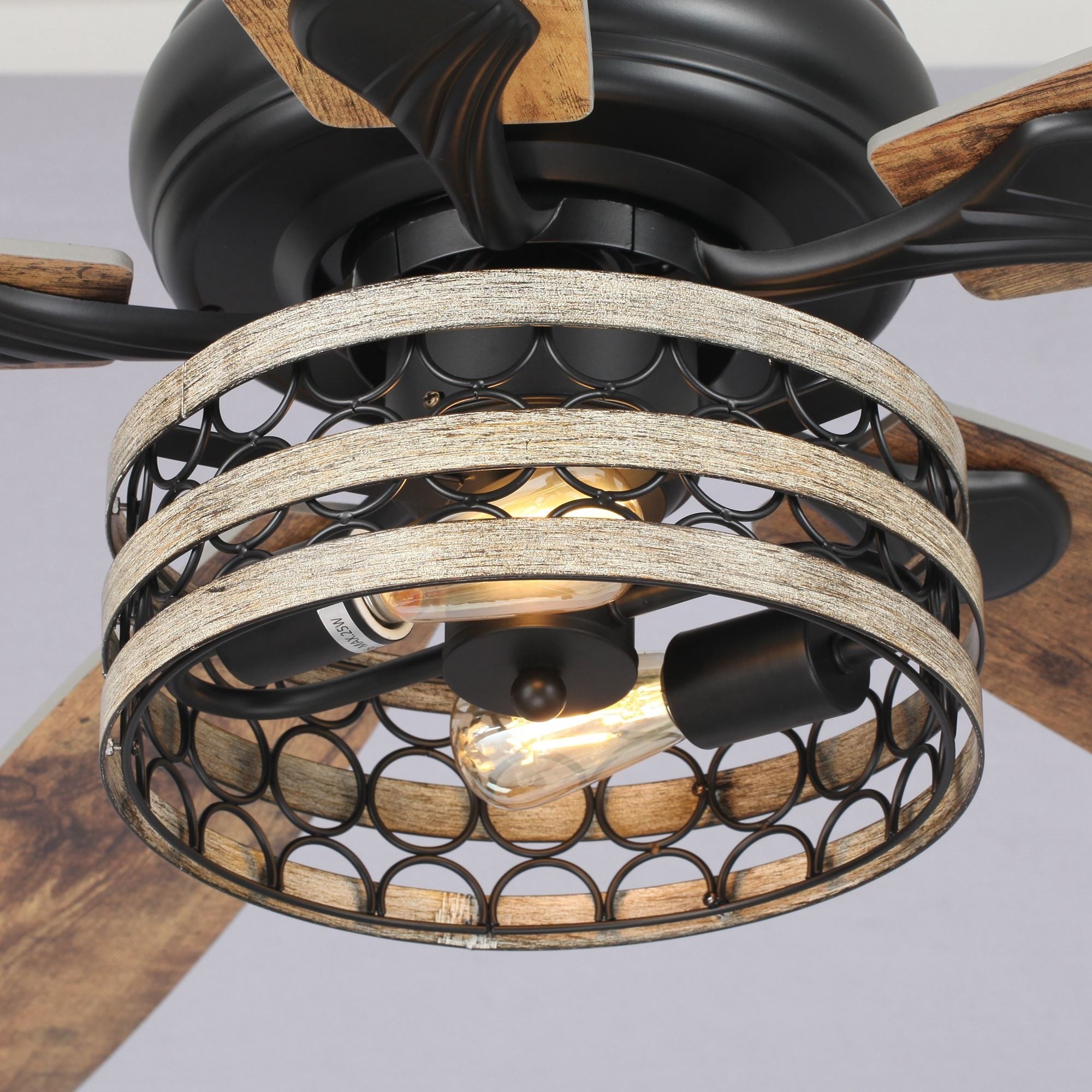 52 Farmhouse Driftwood 5-Blade Black Caged Ceiling Fan with Remote