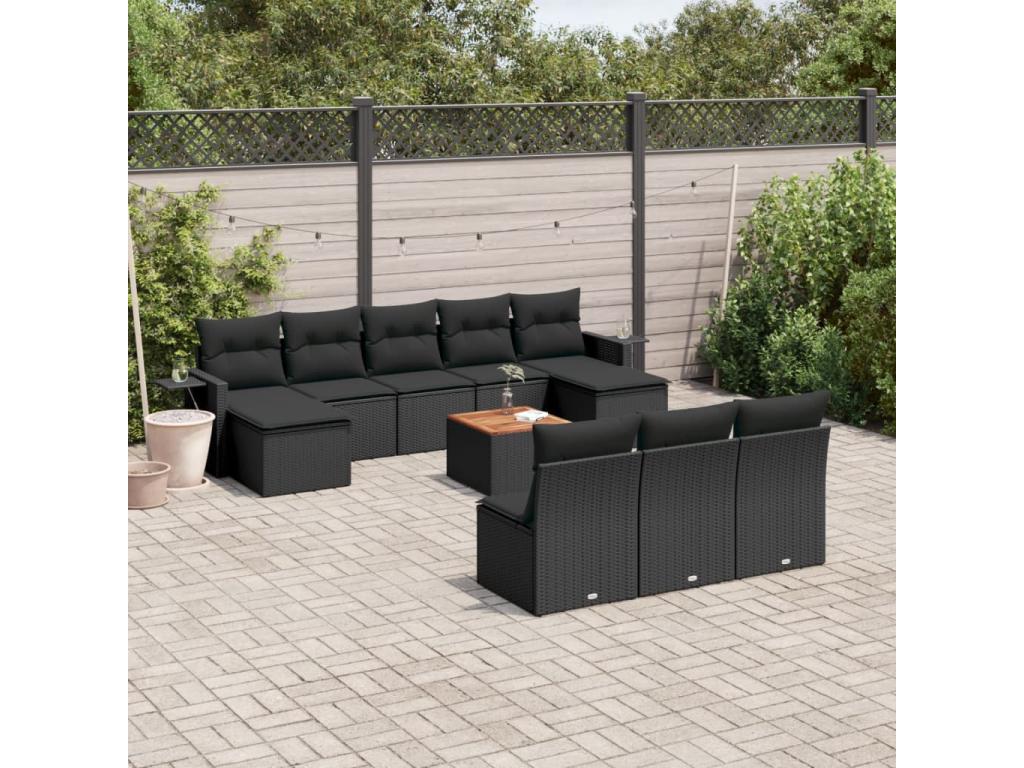 11-piece garden furniture set with cushions, black resin wicker