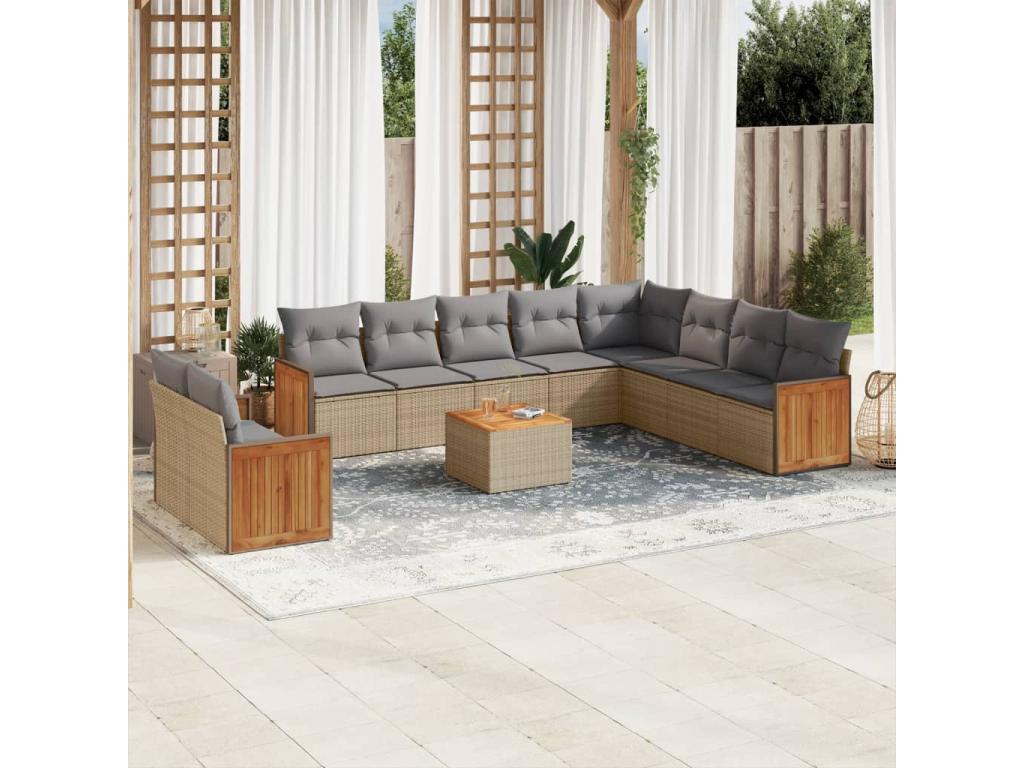 11-piece garden furniture set with beige resin wicker cushions