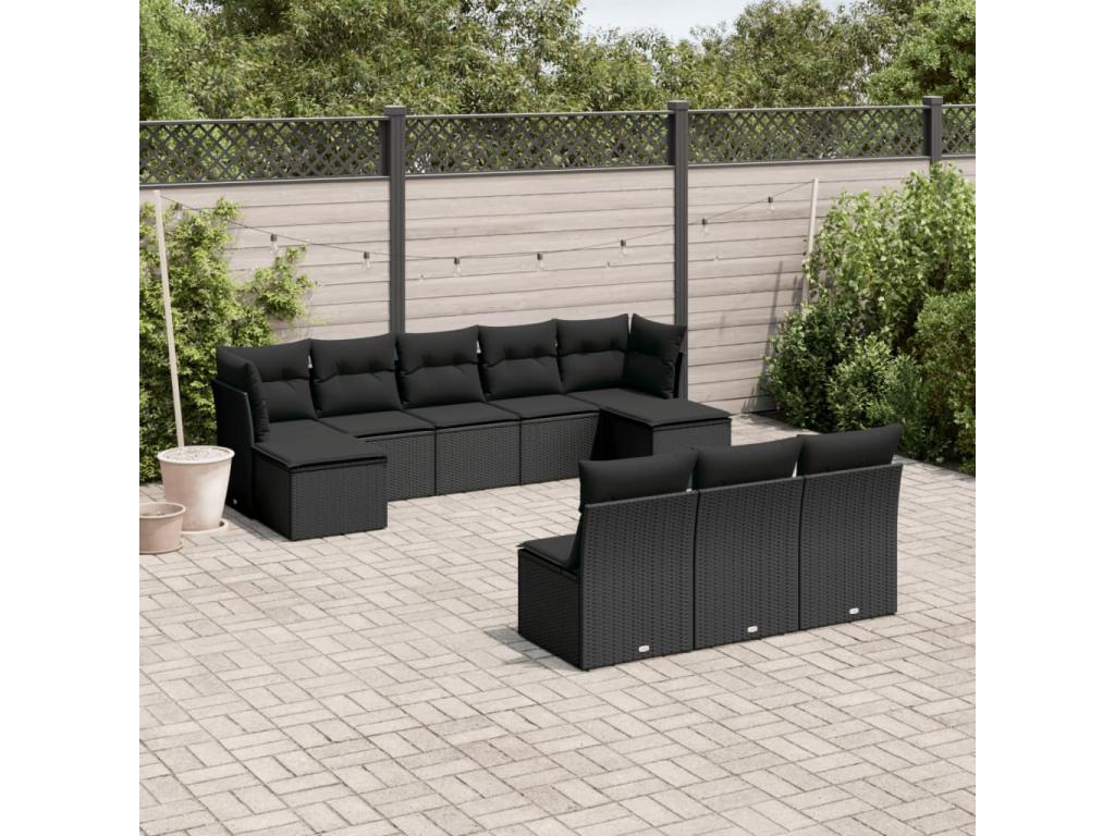 10-piece garden furniture set with cushions, black woven resin