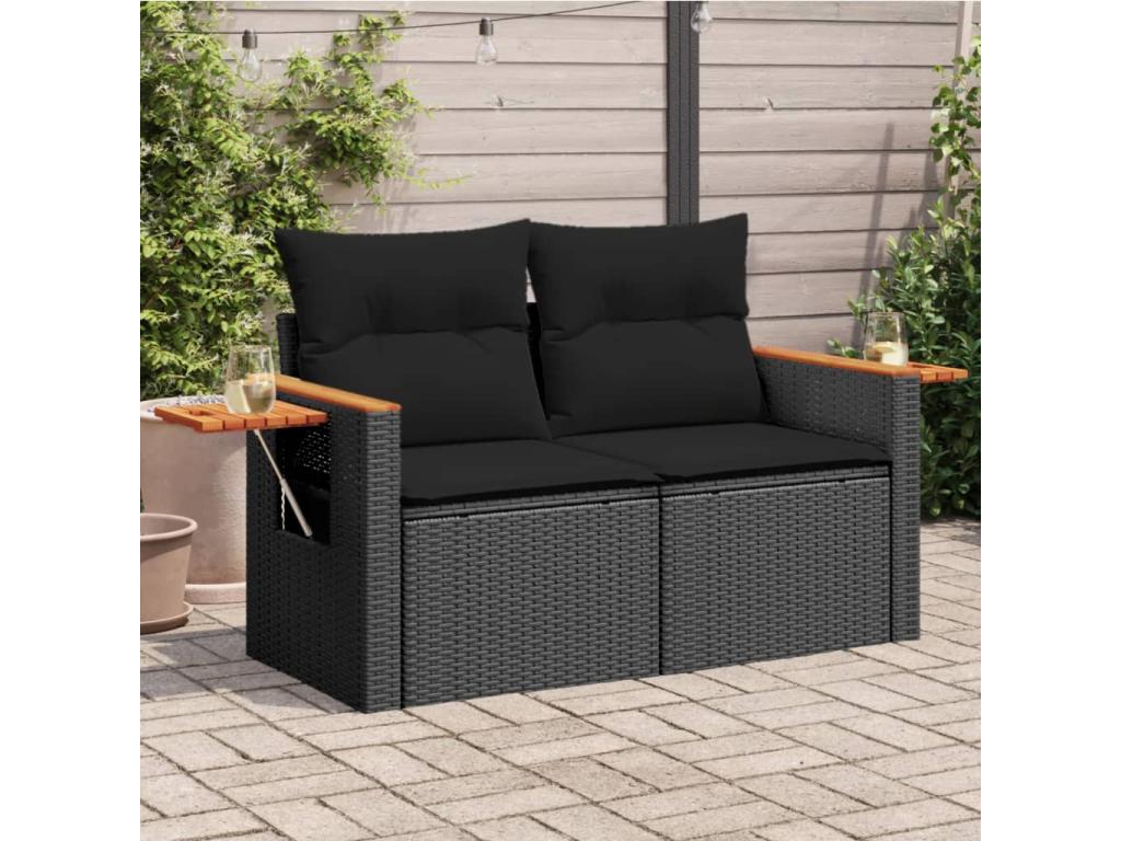 Garden sofa with cushions, 2-seater, black woven resin