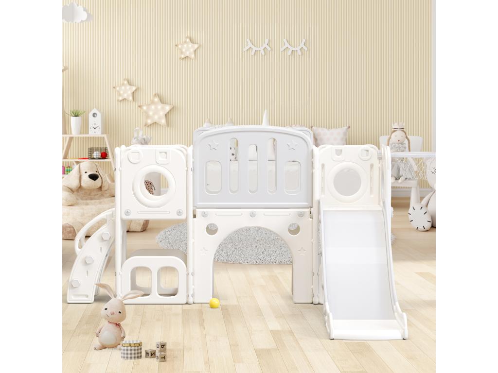 6-in-1 HDPE slide for children with platform, stairs, 2 storage areas, Meublori grey basketball hoop