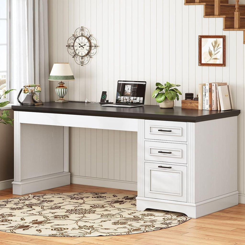 Farmhouse Executive Desk Home Office Desk File Drawer Monitor Stand Power Outlet