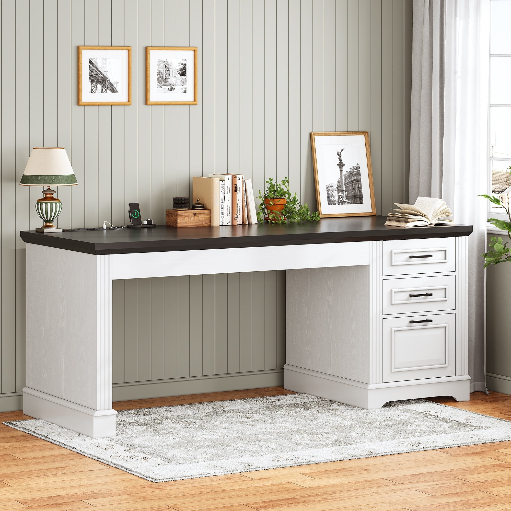 Farmhouse Executive Desk Home Office Desk File Drawer Monitor Stand Power Outlet