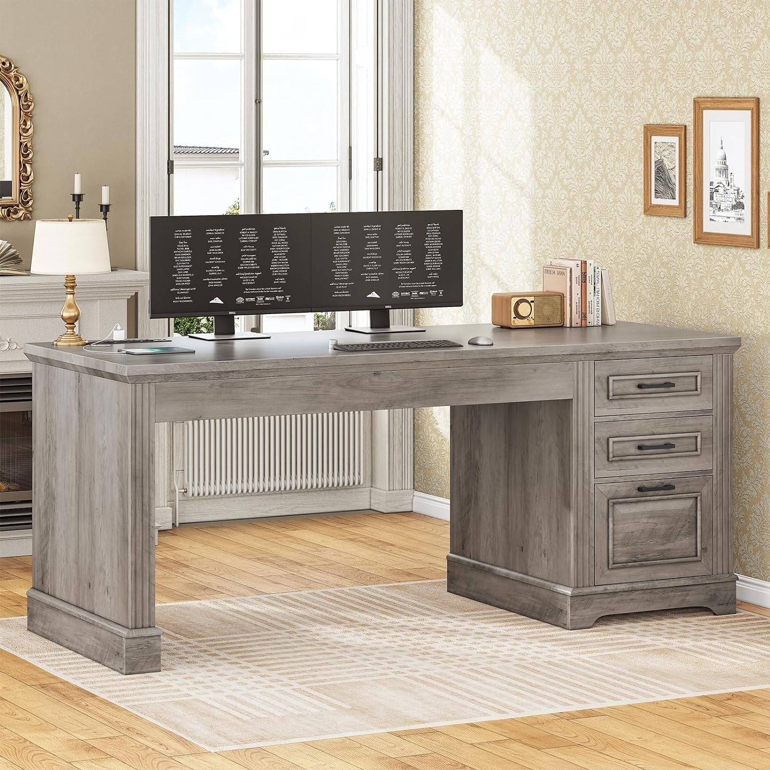 Farmhouse Executive Desk Home Office Desk File Drawer Monitor Stand Power Outlet