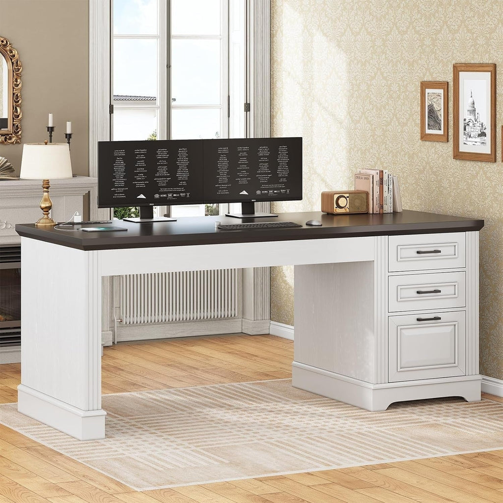 Farmhouse Executive Desk Home Office Desk File Drawer Monitor Stand Power Outlet