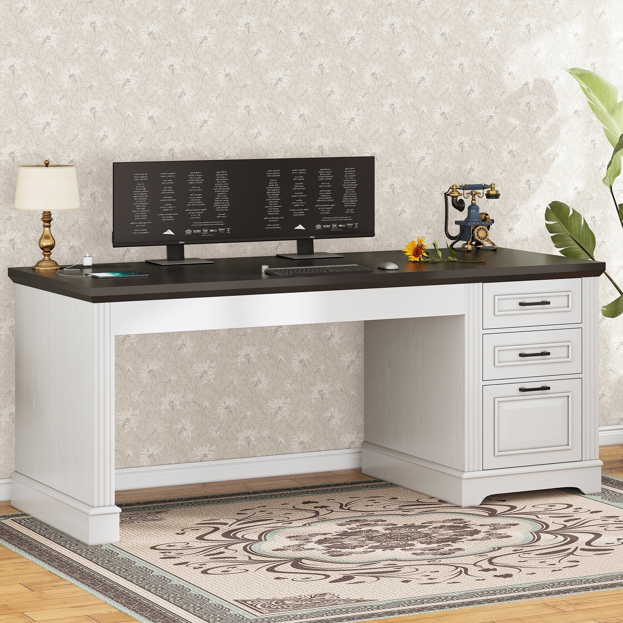 Farmhouse Executive Desk Home Office Desk File Drawer Monitor Stand Power Outlet