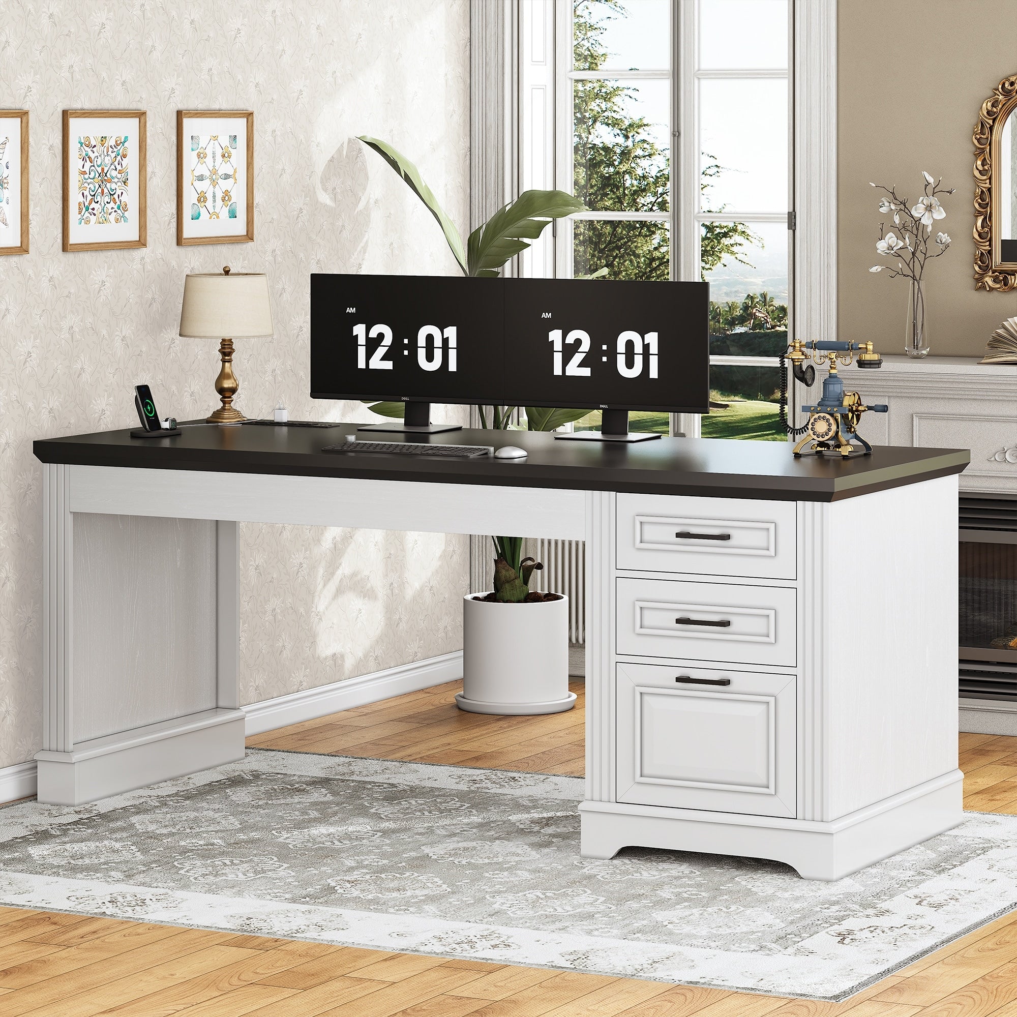 Farmhouse Executive Desk Home Office Desk File Drawer Monitor Stand Power Outlet