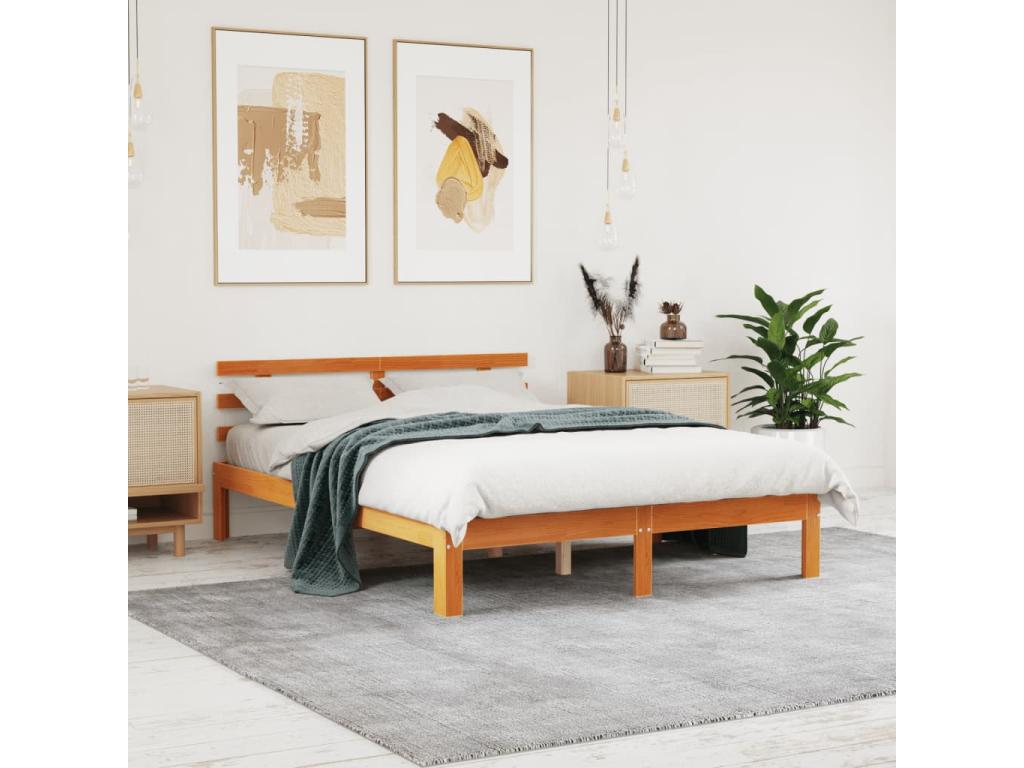 Bed frame without mattress, brown wax finish, 140x200cm, solid pine wood