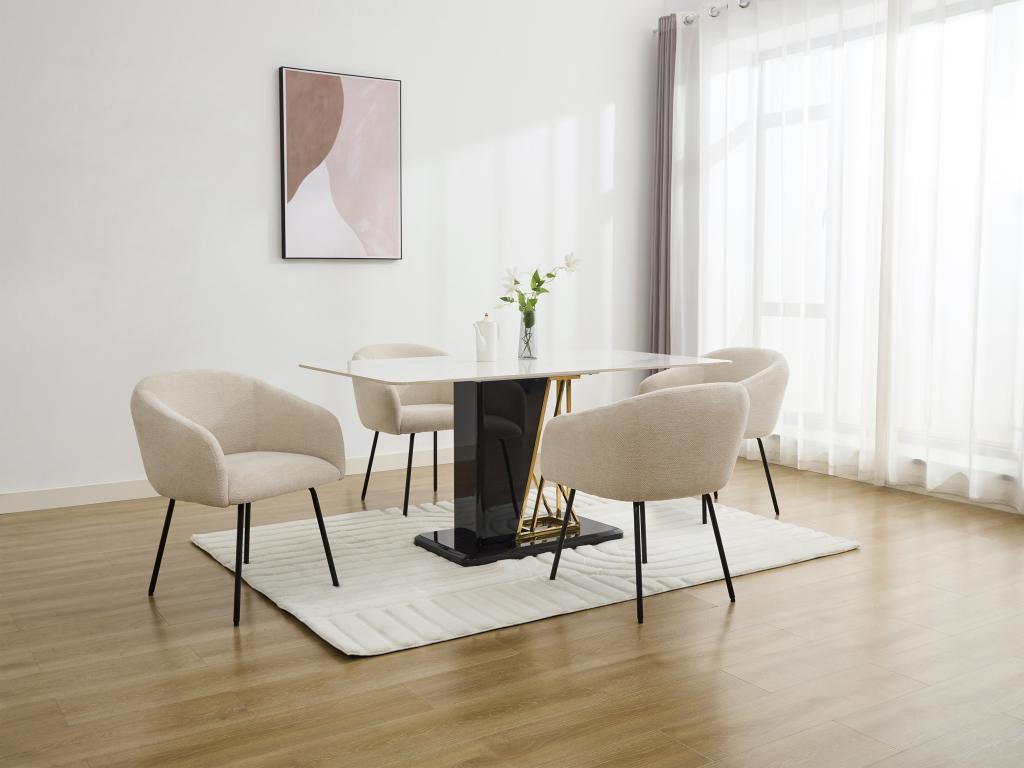 Set of 2 chairs with armrests in textured fabric and black metal - Cream - Meublori