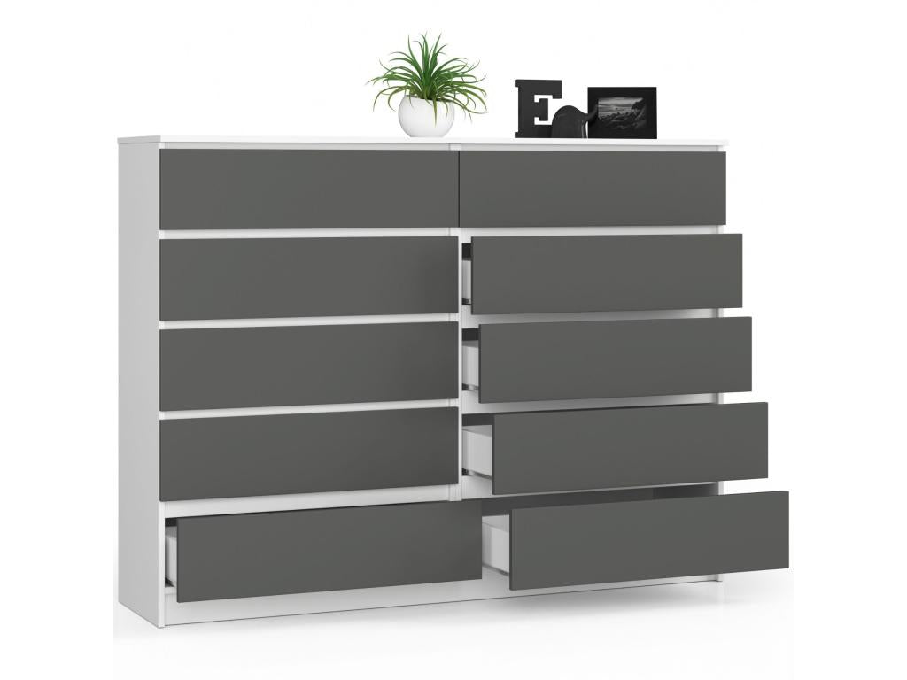 Large chest of drawers for the living room, Meublori K160 White, 160 cm, 10 drawers, Graphite Grey front, 160x40x121 cm