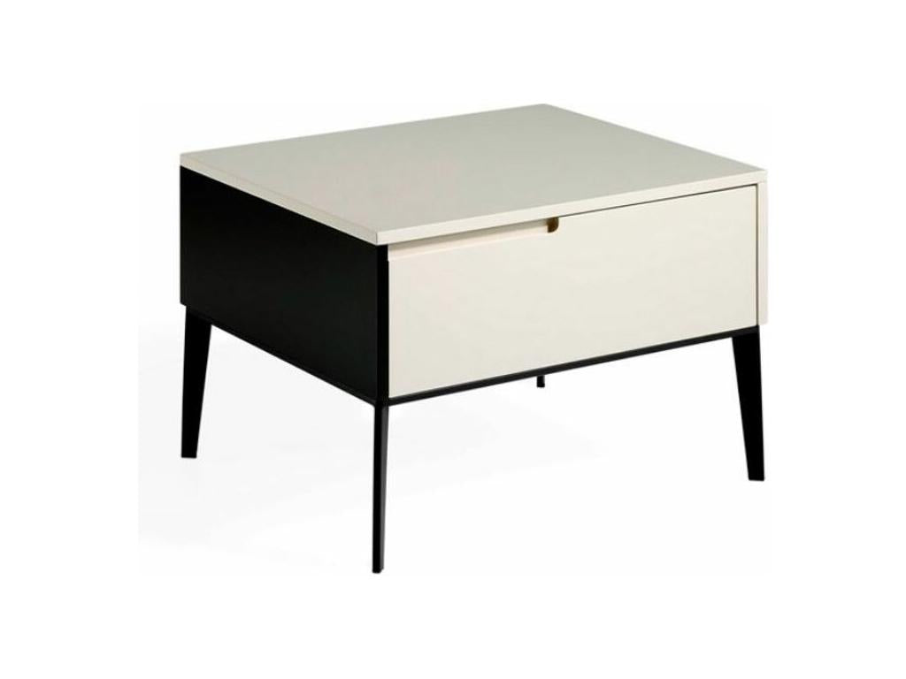 Meublori White Bedside Table with 1 Drawer, Lacquered Wood and Black Steel