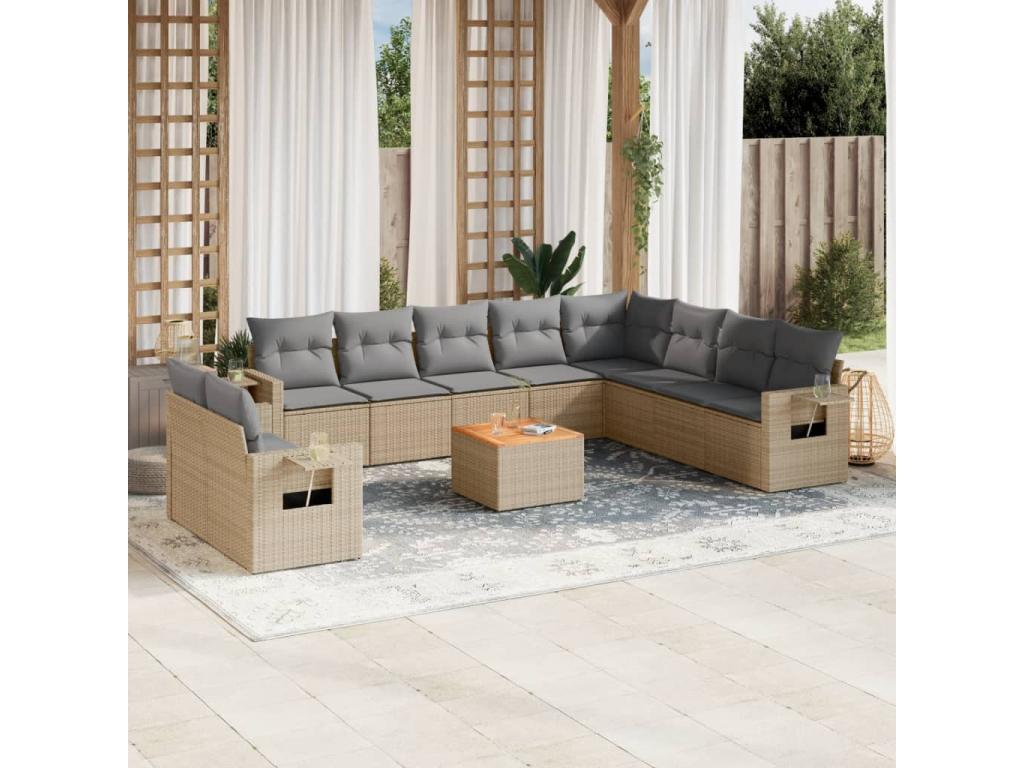 11-piece garden furniture set and cushions, beige woven resin.