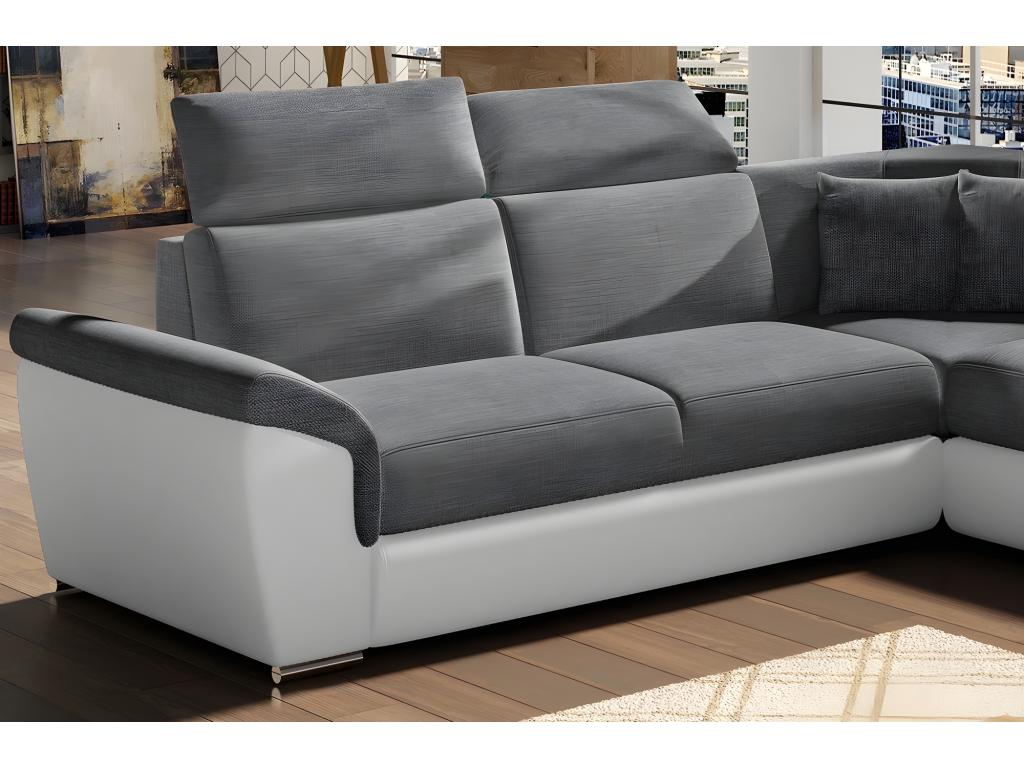 Corner sofa bed - Meublori - in grey fabric and white faux leather, 5/6 seater